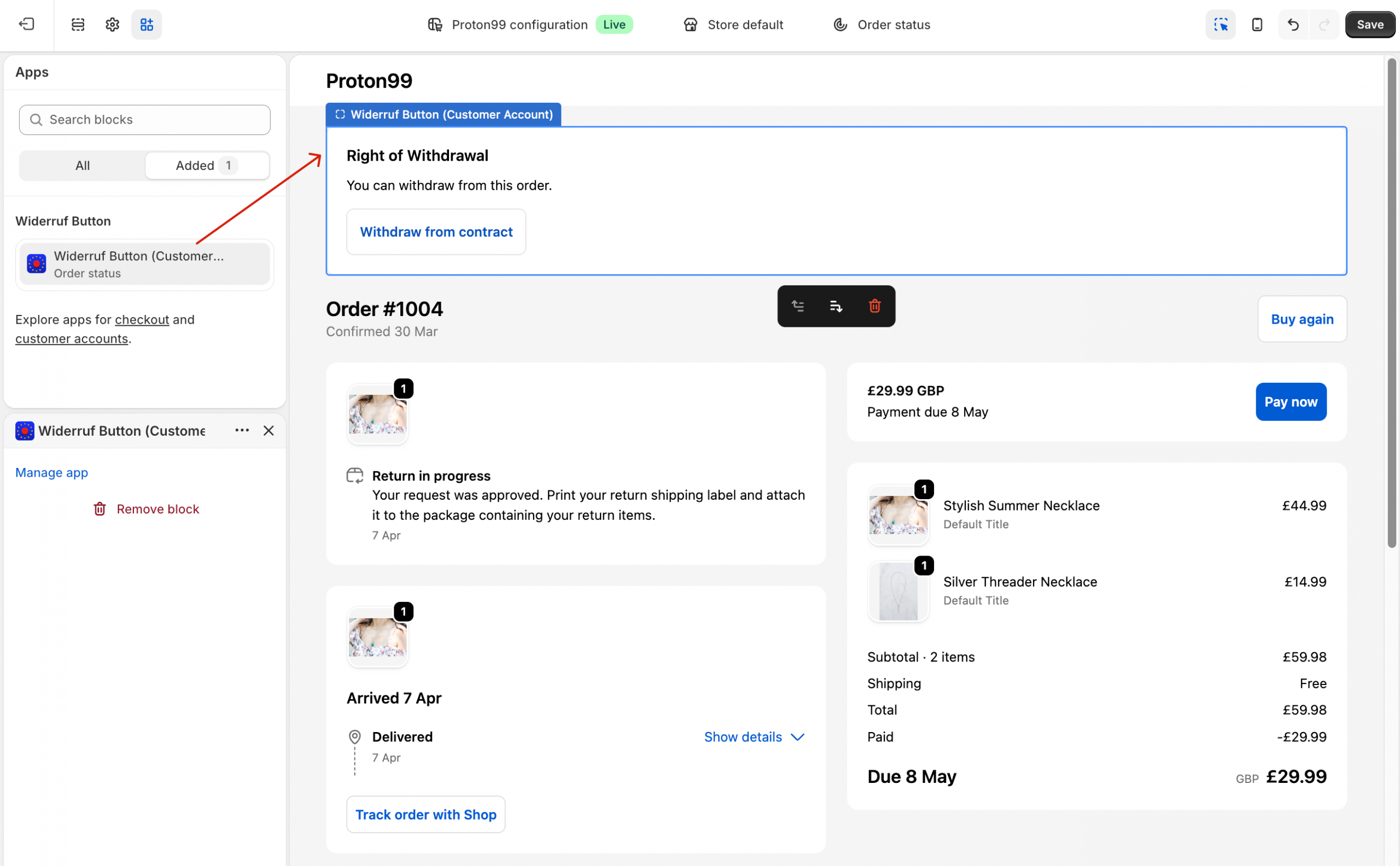Widerrufsbutton in customer order status