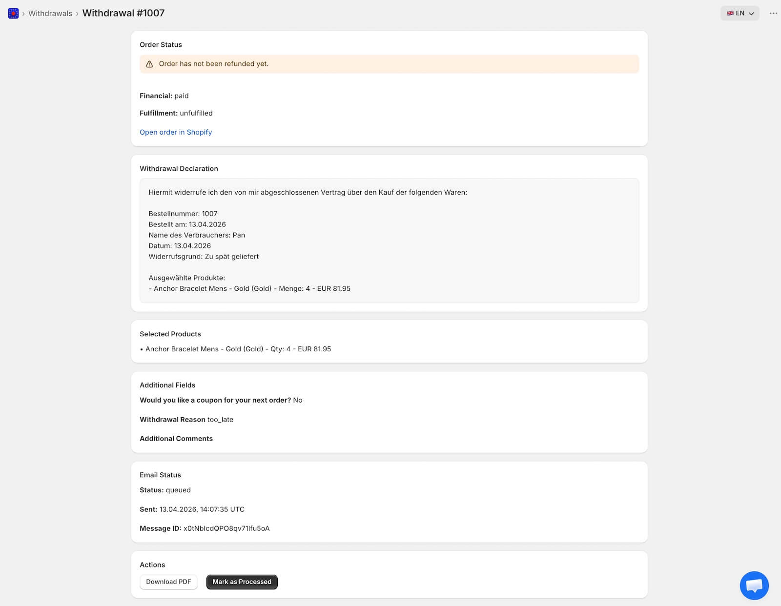 Widerrufsbutton-App teilweisem Auftragswiderruf testen